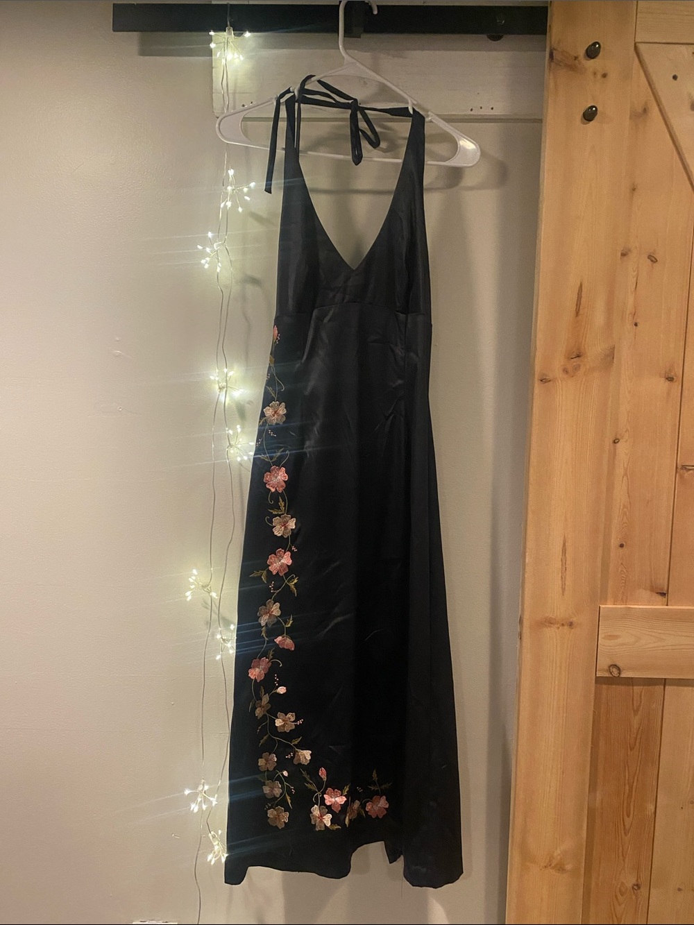 ABS Allen Schwartz Black Halter Maxi Dress with Pink Floral Embroidery-vintage!